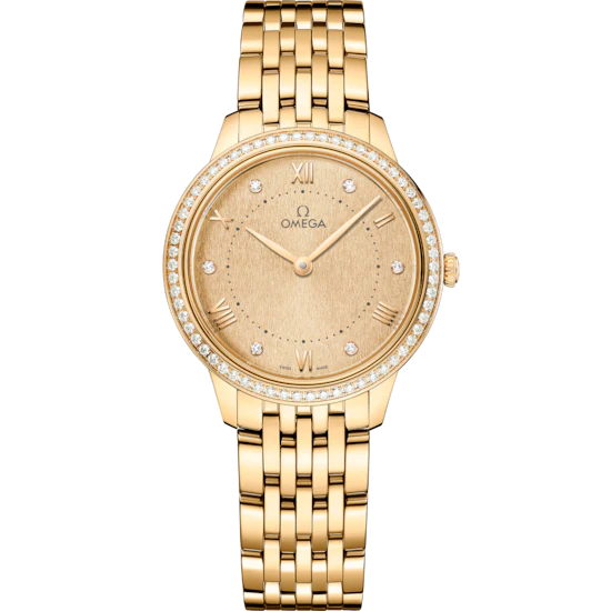 Omega De Ville Prestige 30mm Yellow Dial with Diamonds 18k Yellow Gold Bracelet 434.55.30.60.58.001