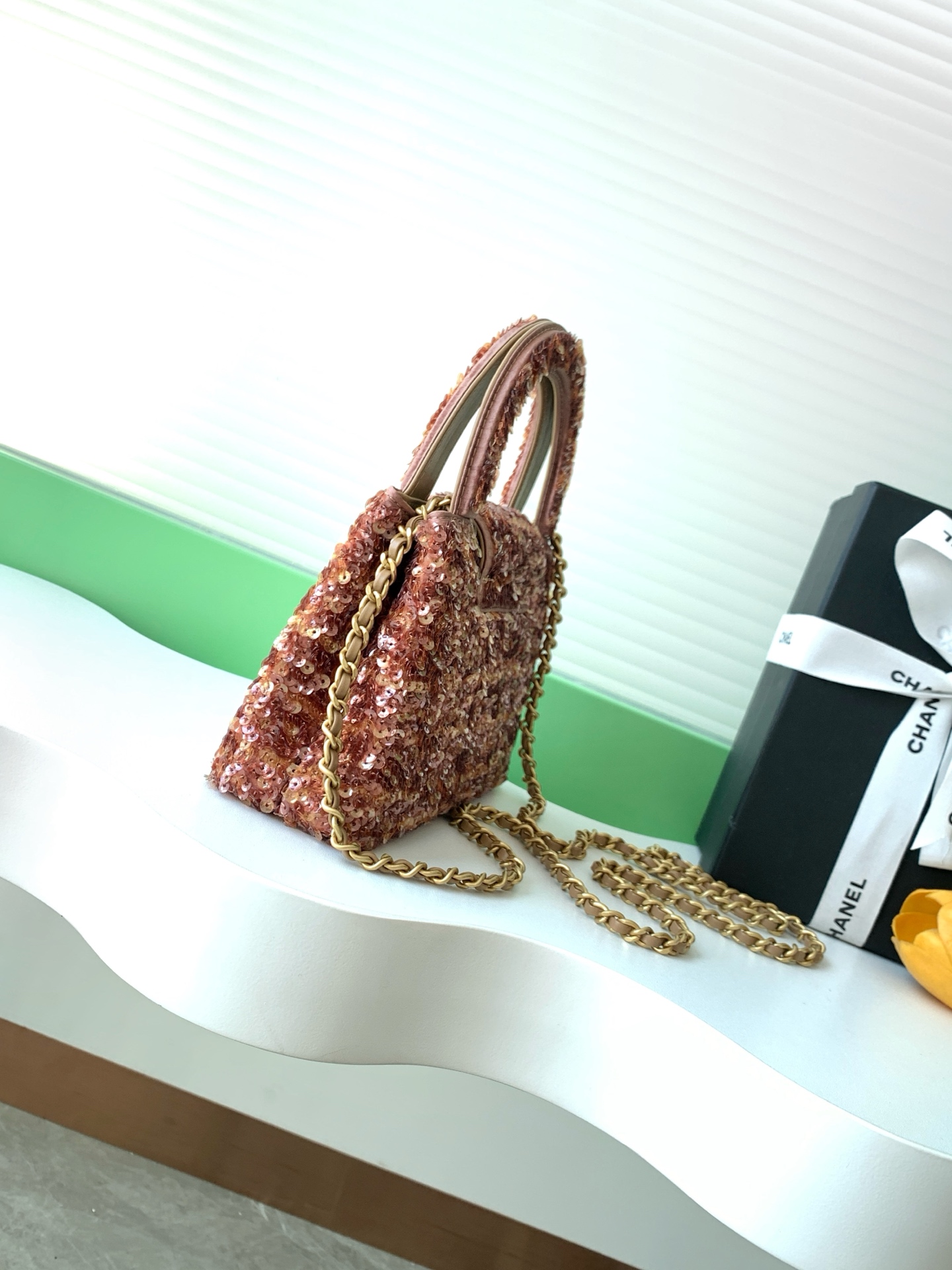 26C Mini Kelly Top Handle Shopping Bag (AS4416) in Rose Gold Bronze Sequins with Light Gold-Tone Hardware
