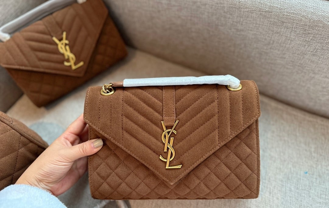 Saint Laurent Le 5 A 7 Bea In Suede Golden Leaf 55Cm Suede Shoulder Bag Brown 24Cm