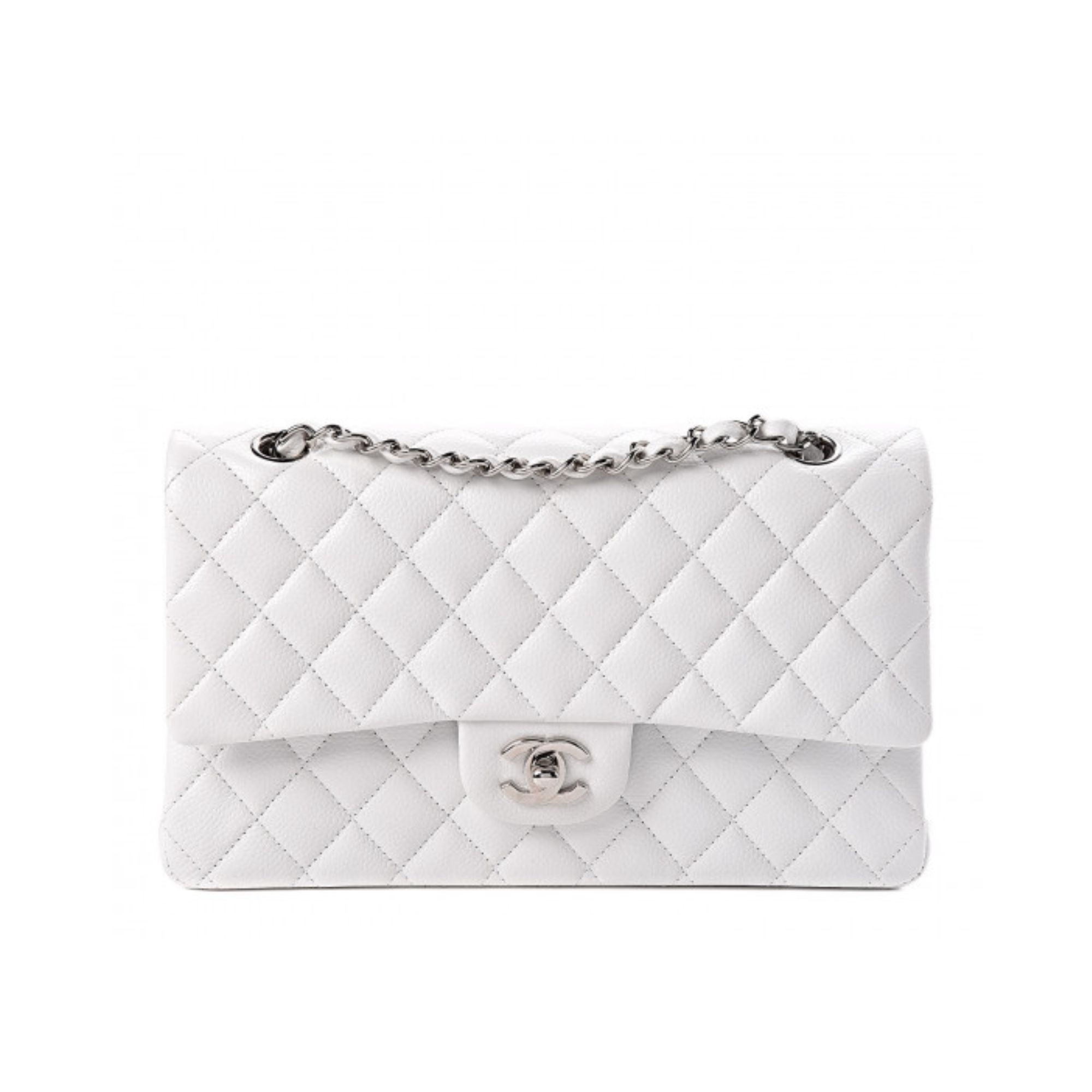Chanel Classic Double Flap Bag White Silver Hardware 25Cm/10in