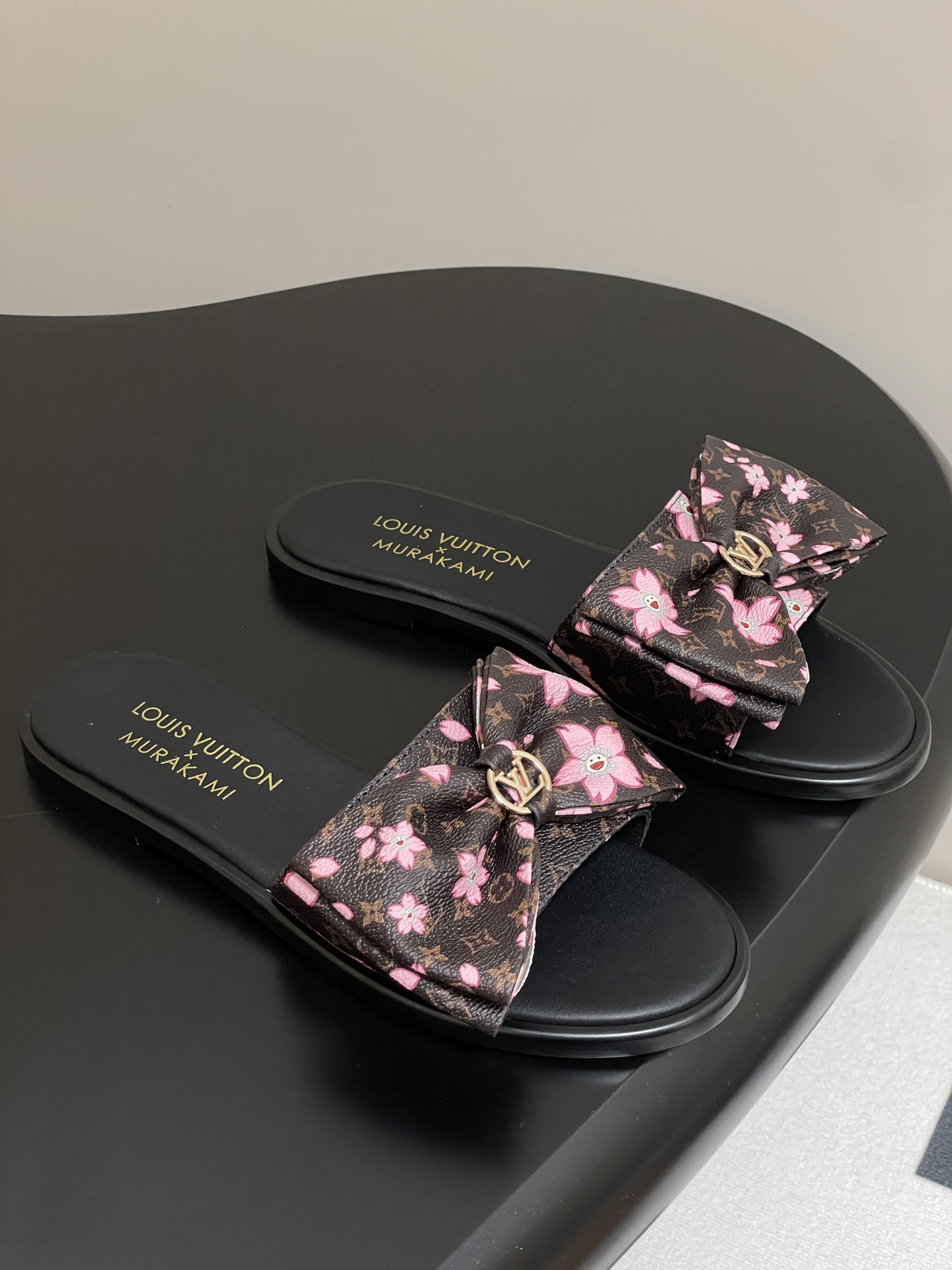 Louis Vuitton x Takashi Murakami Lily Flat Mule Bow Slide Sandals Black 1AGVYA