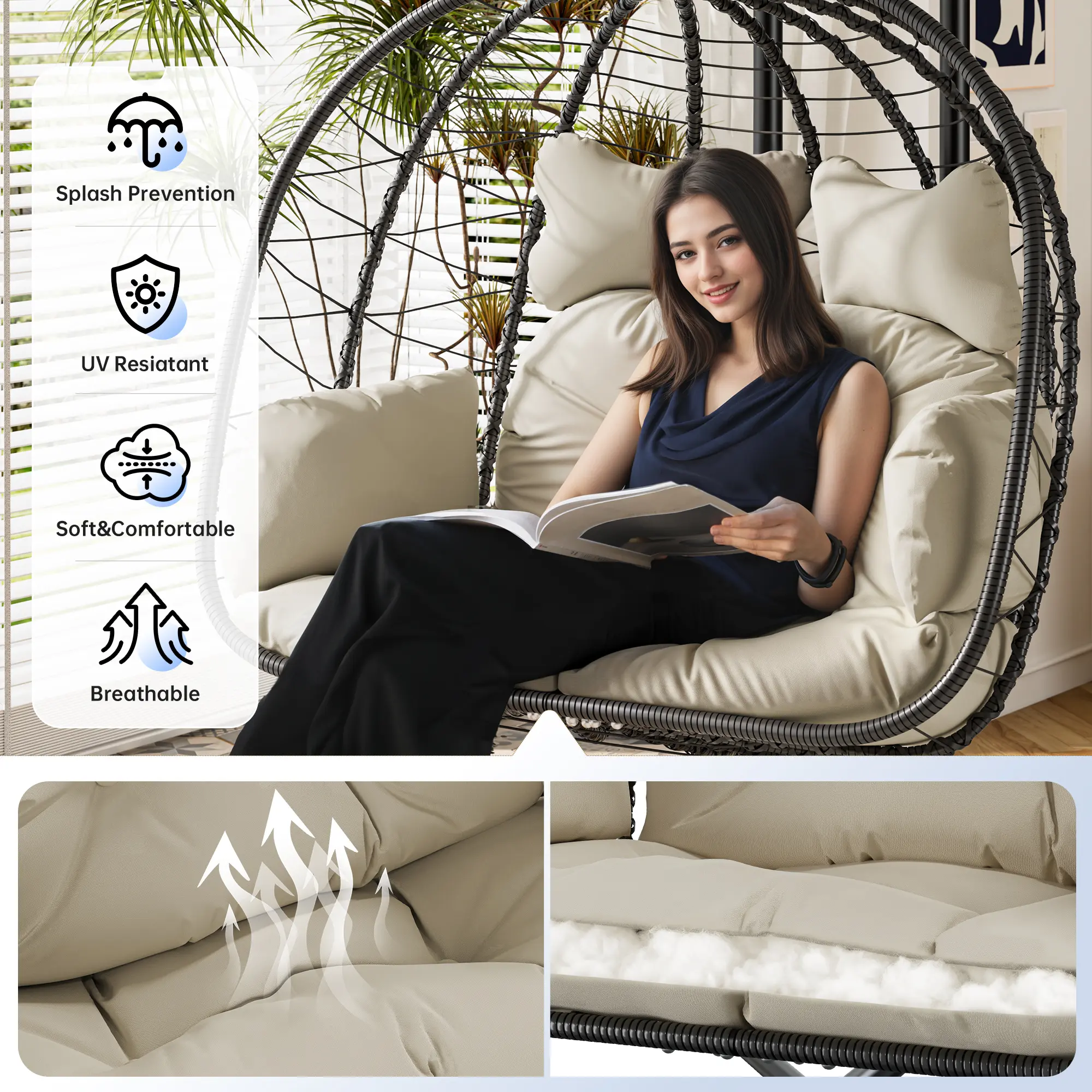 🔥Clearance Sale🔥Double Hanging Egg Chair – Outdoor Patio Swing Chair with Cushions & Stand