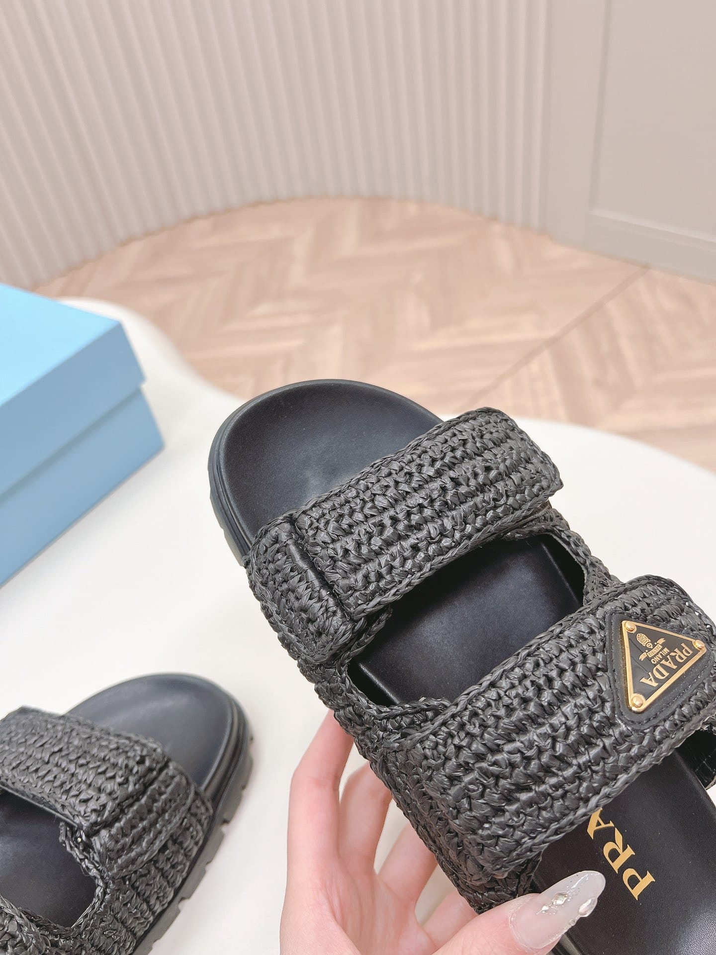 Prada Fussbett Raffia Dual Buckle Slide Sandals Black