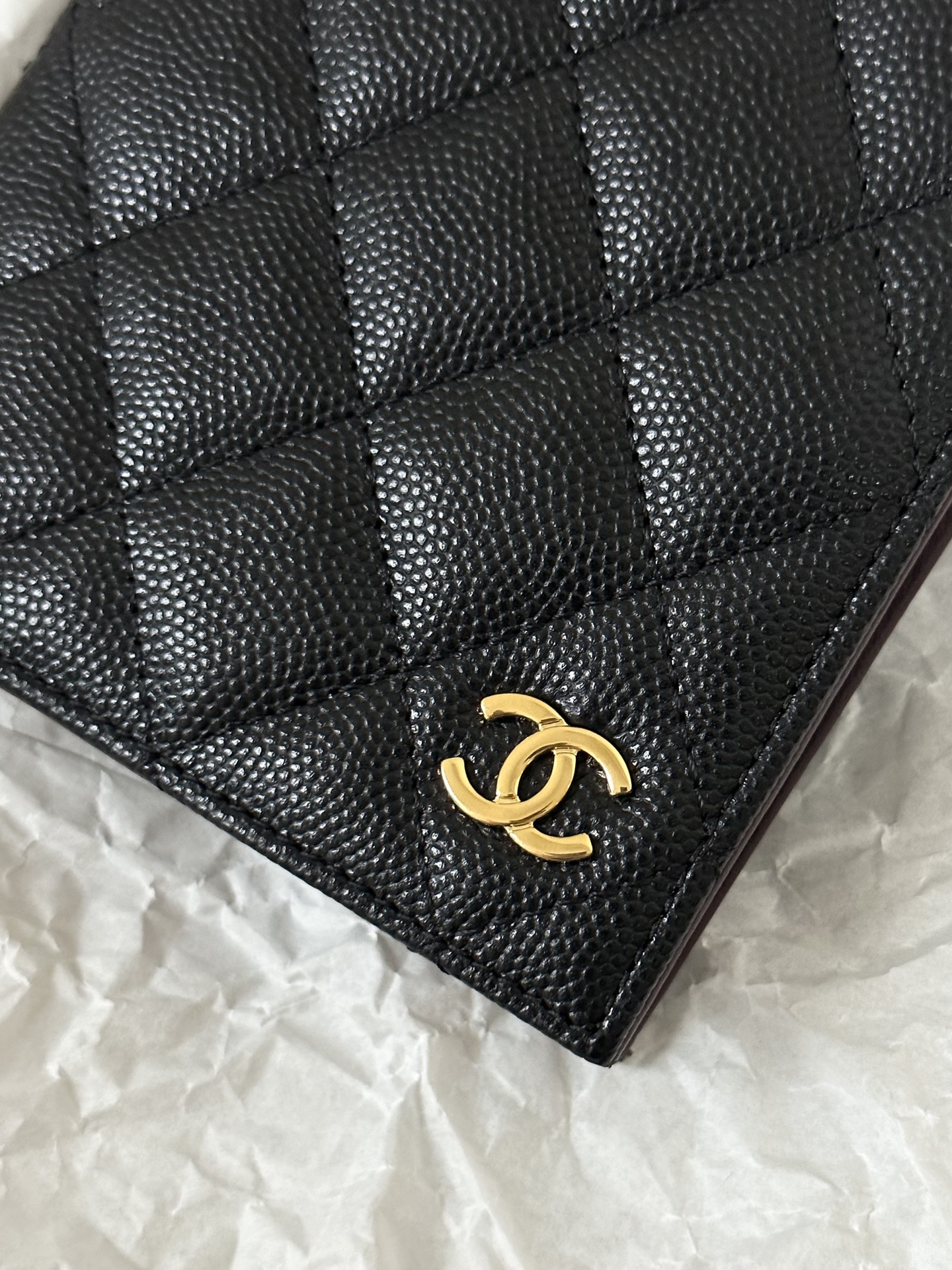 Classic Quilted Caviar Leather Passport Holder with Gold-Tone CC Logo