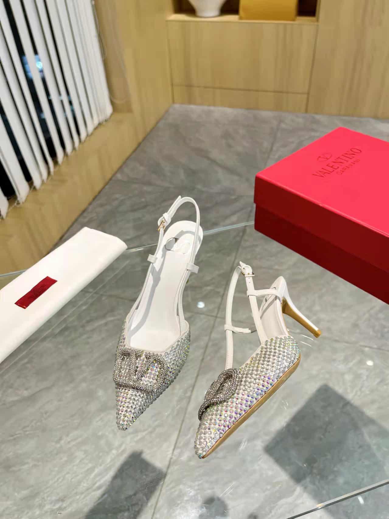 Valentino VLogo Signature Back Strap Crystal High Heels White
