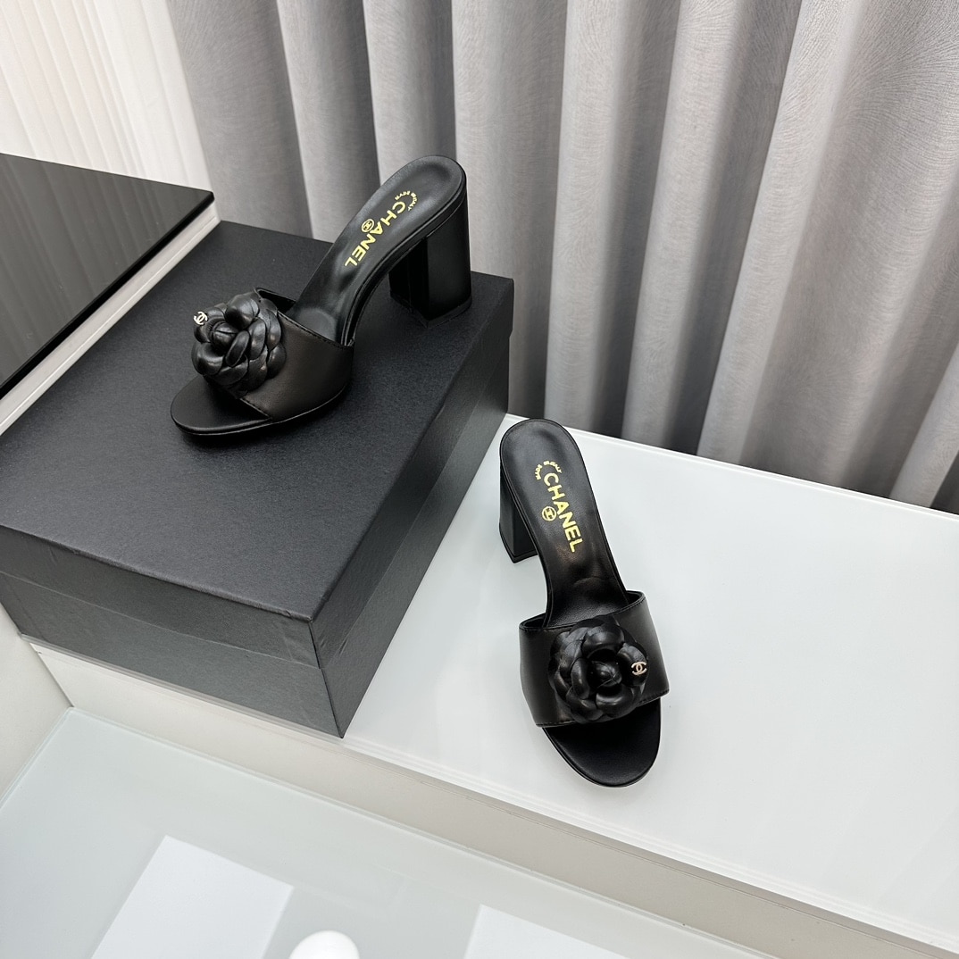 Chanel Camellia Medium Heel Slippers Black
