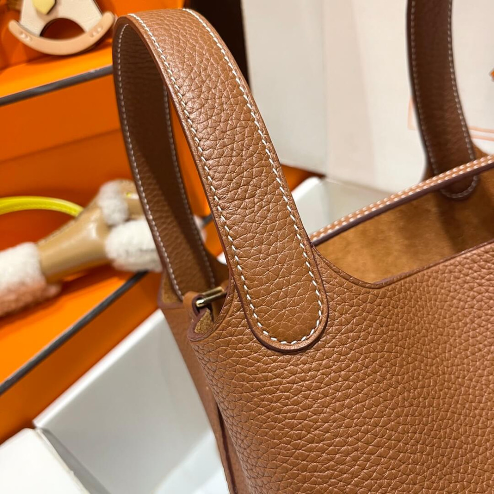 Hermes Picotin Lock Bag In Taurillon Clemence Gold Brown 22Cm