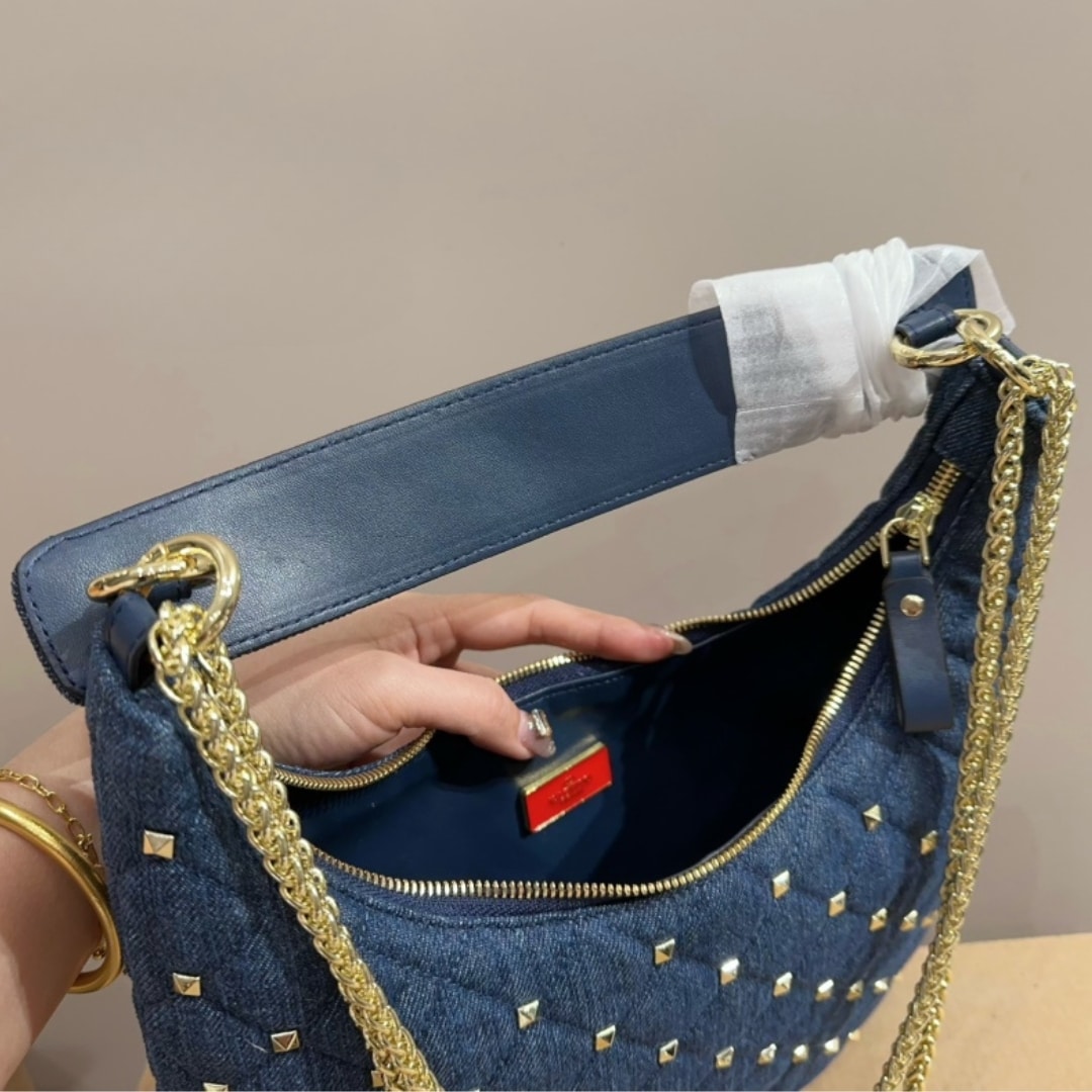 Valentino Garavani Rockstud Spike Denim Hobo Bag In Denim Blue 28Cm 3W2B0M32Bmk
