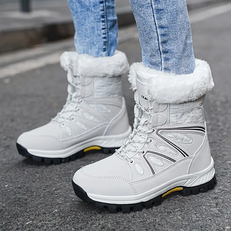 Winter Thicken Plush Ankle Boots Women 2023 New Warm PU Leather Snow Boots Woman Winter Lace-Up Cotton Shoes Female