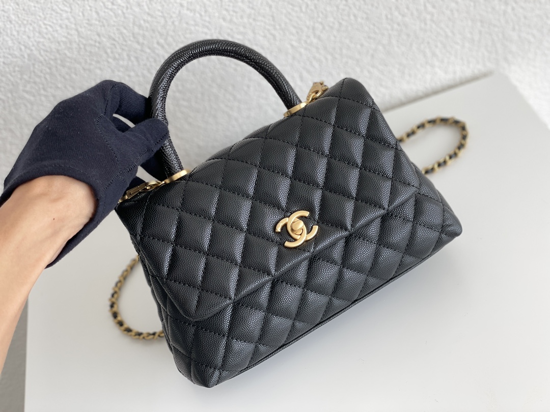 Coco Handle (Size 24) in Black Quilted Grained Calfskin (Caviar) with Light Gold-Tone Hardware (Model A92990)