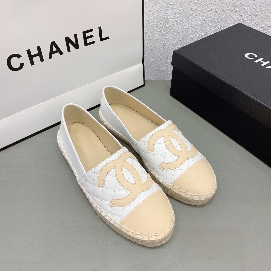 Chanel Cc Espadrilles Slip On White Beige
