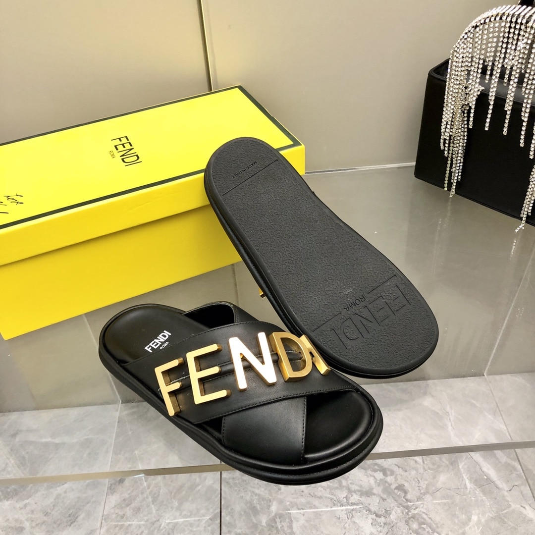 Fendi Fendigraphy Leather Slides Black 8X8289Ai1Rf1H1K