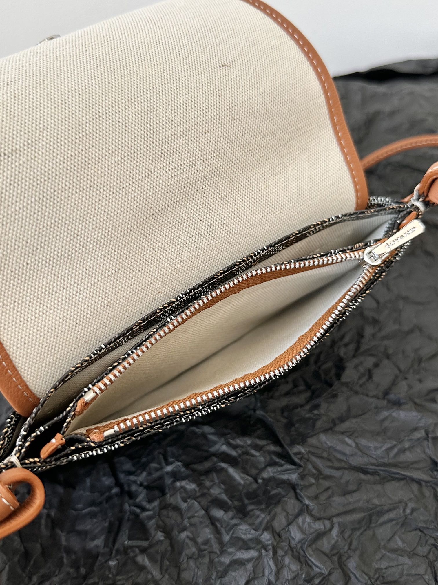 Goyard Plumet Pocket Wallet 20 Cm Black Goyardine Canvas And Tan Lambskin Trim