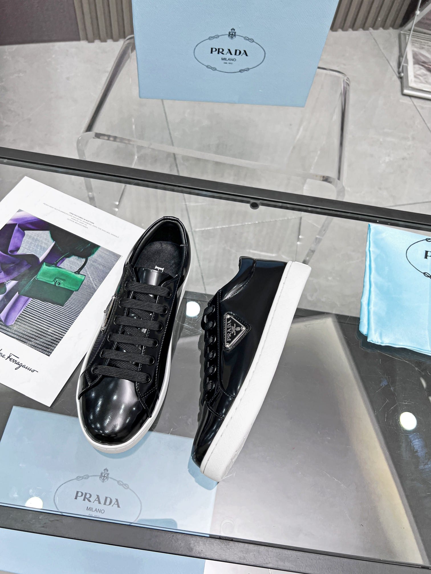 Prada Logo Sneakers In Brushed Leather Black