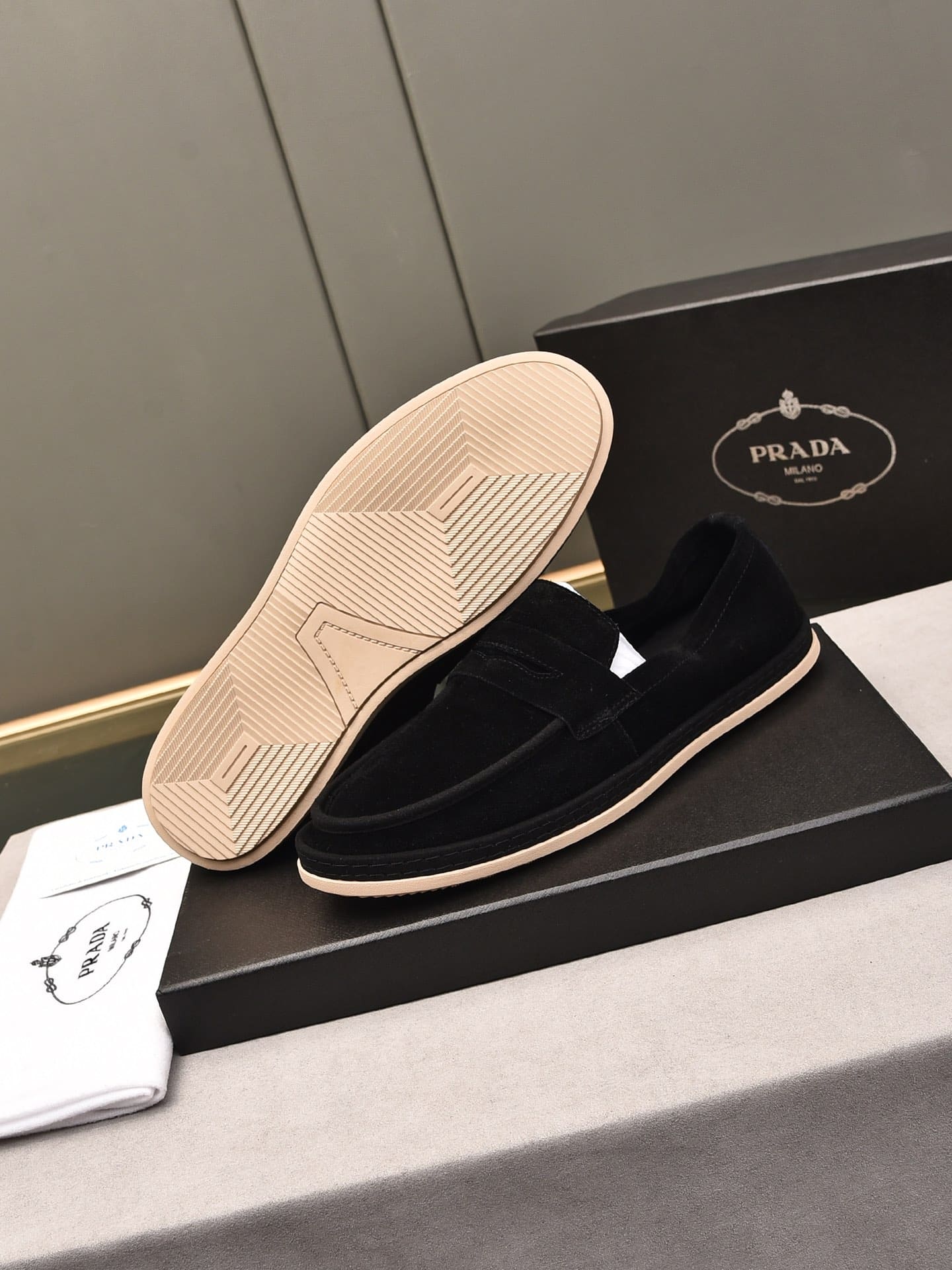 Prada Men’S Flat Loafers Suede Leather Black
