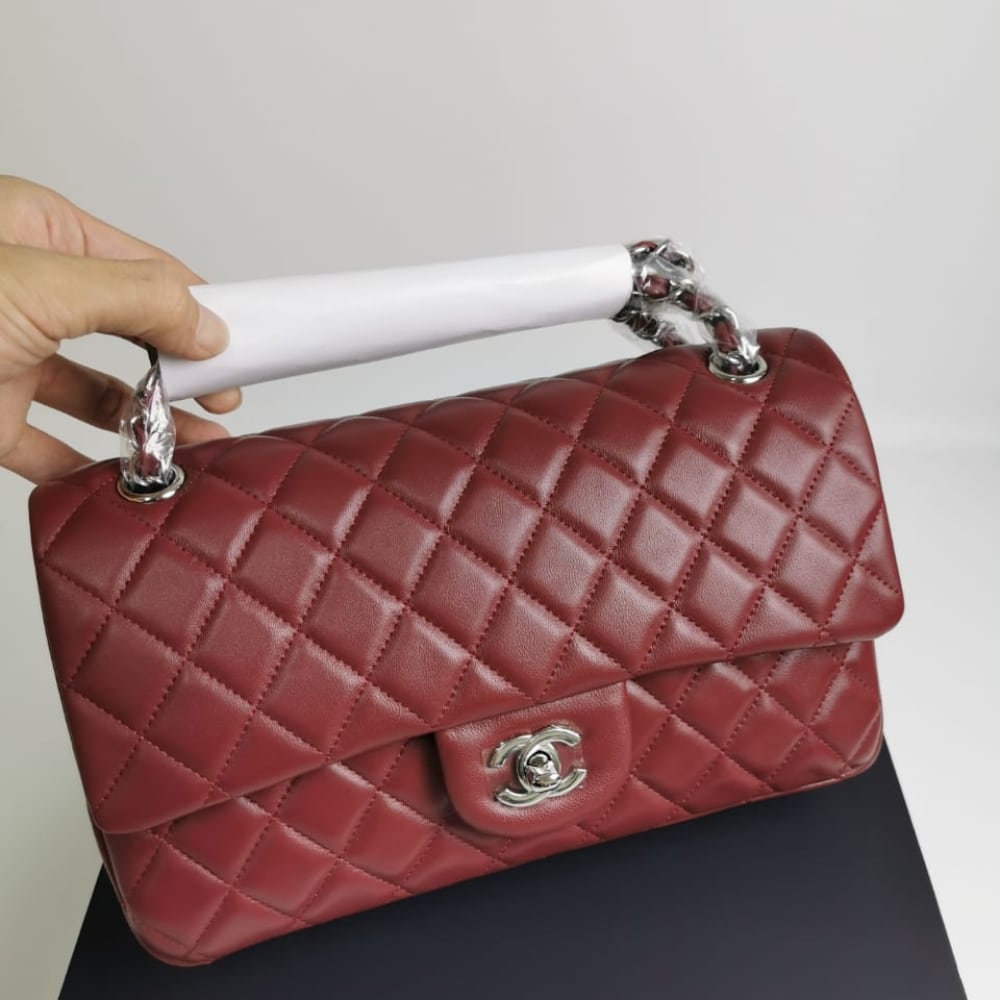 Chanel Medium Classic Flap Bag Silver Hardware Burgundy 25Cm A01113