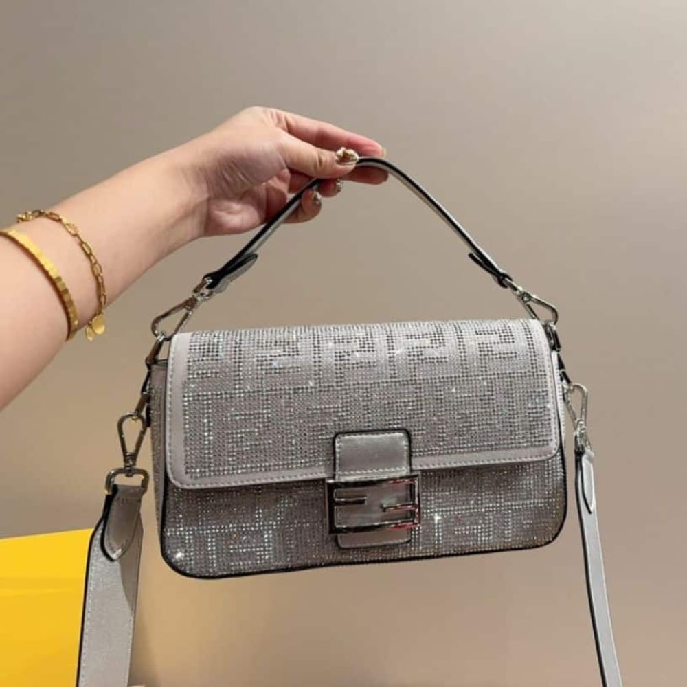 Fendi Baguette Crystal Trim Silver 25Cm