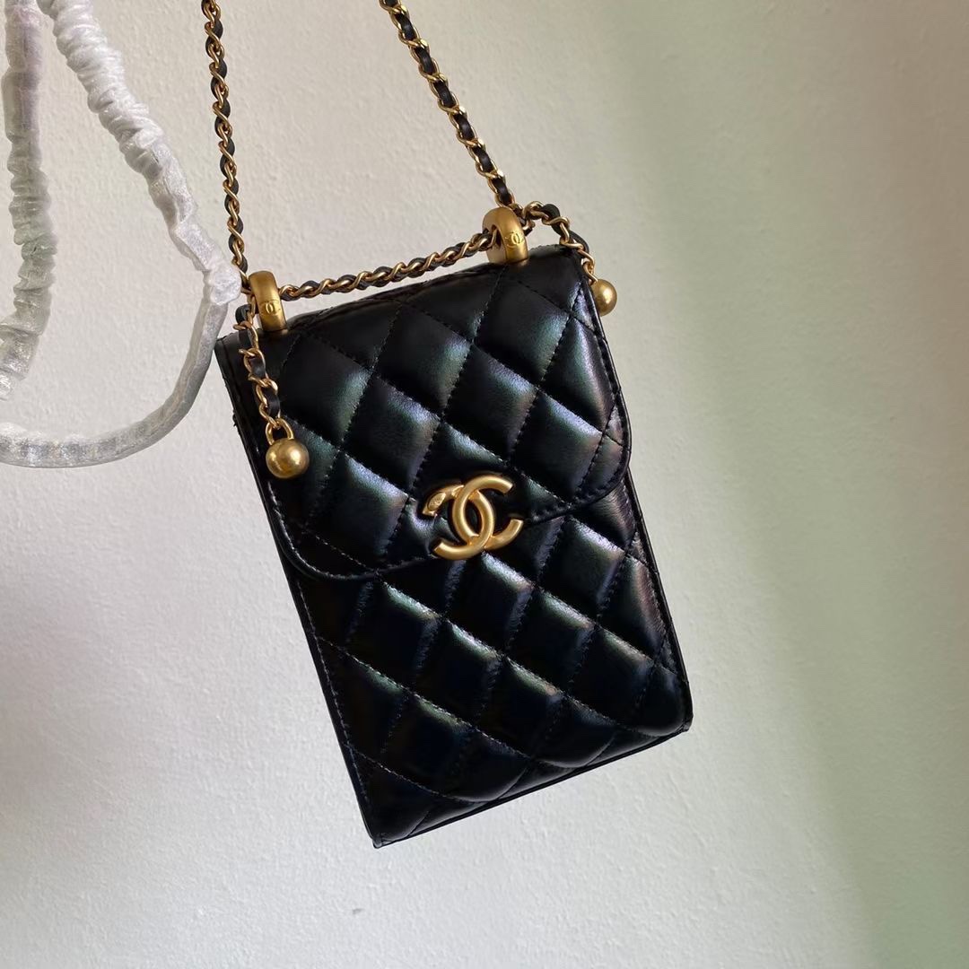 Classic Quilted Lambskin Phone Holder with Gold Ball Chain in Black (Gold Hardware)