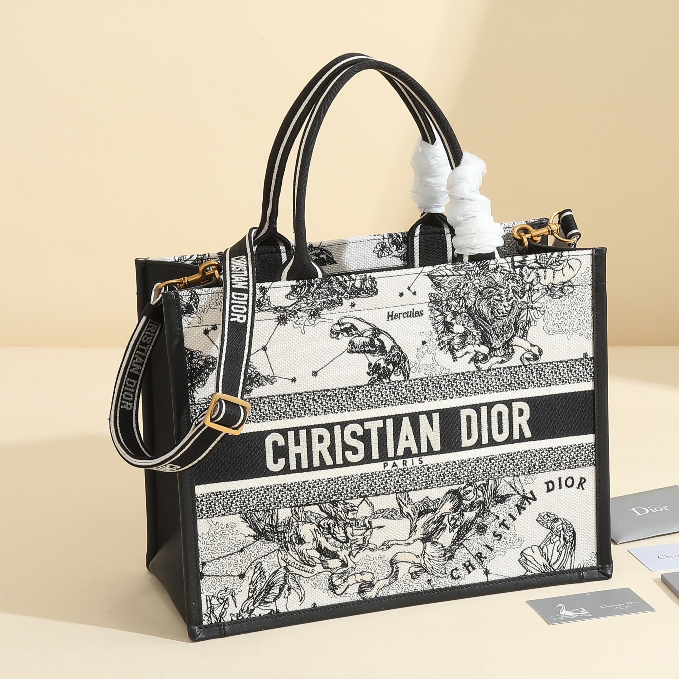 Medium Dior Book Tote Latte and Black Dior Zodiac Embroidery (36 x 27.5 x 16.5 cm)