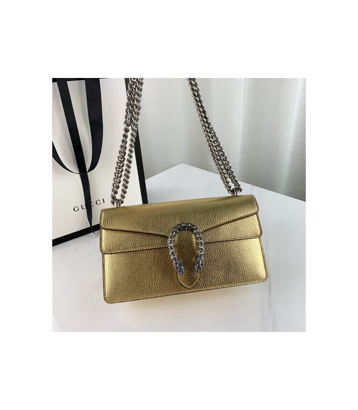 Gucci Dionysus Small Shoulder Bag in Gold Lame Leather