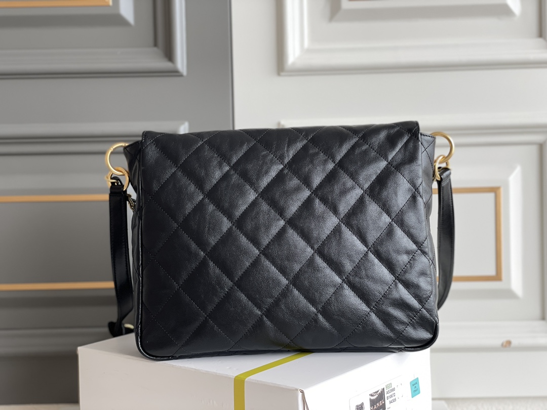 24P Large Hobo Messenger Bag in Black Quilted Shiny Calfskin with Aged Gold-Tone Hardware (Model AS4668)