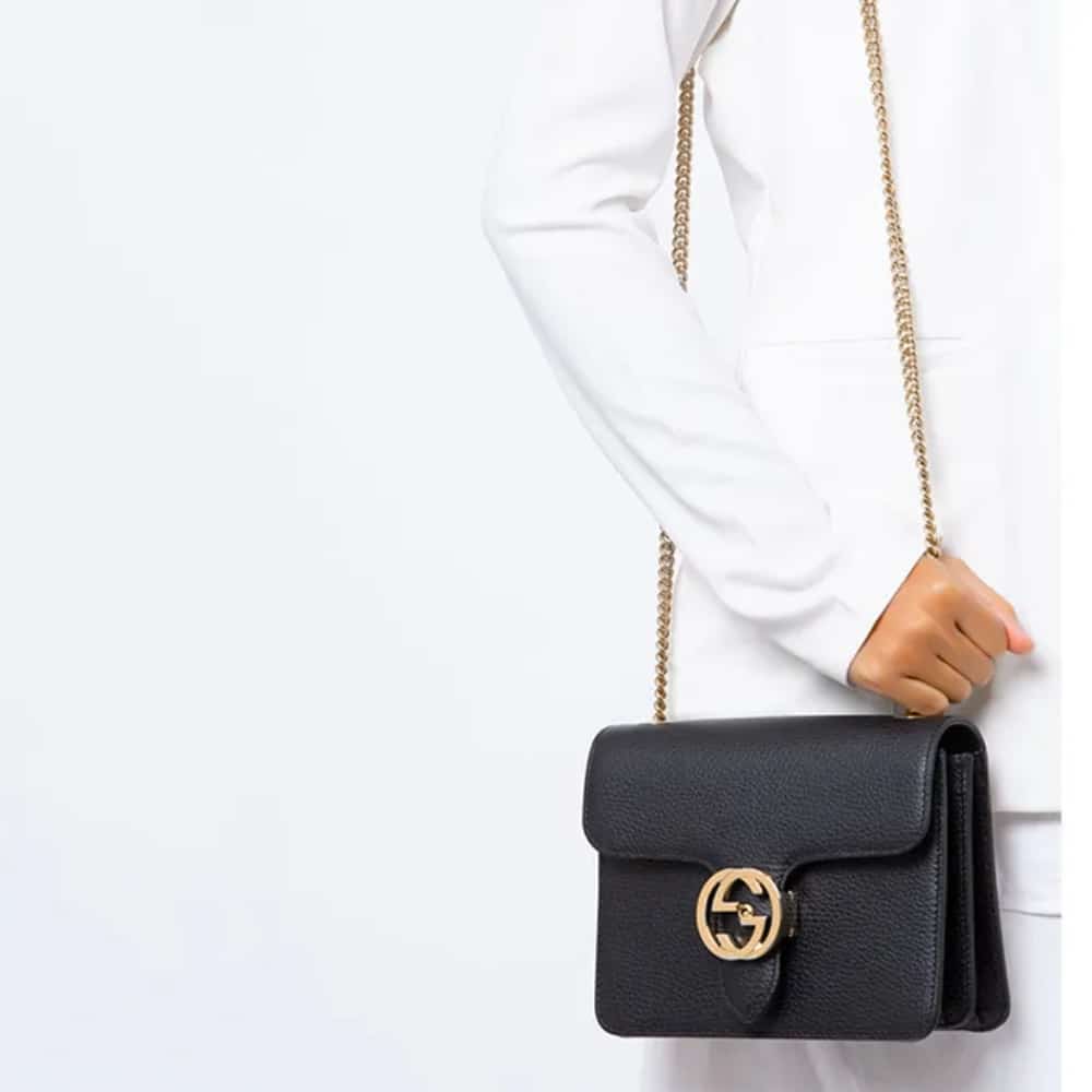 Gucci Interlocking Leather Chain Crossbody Bag Black 20Cm