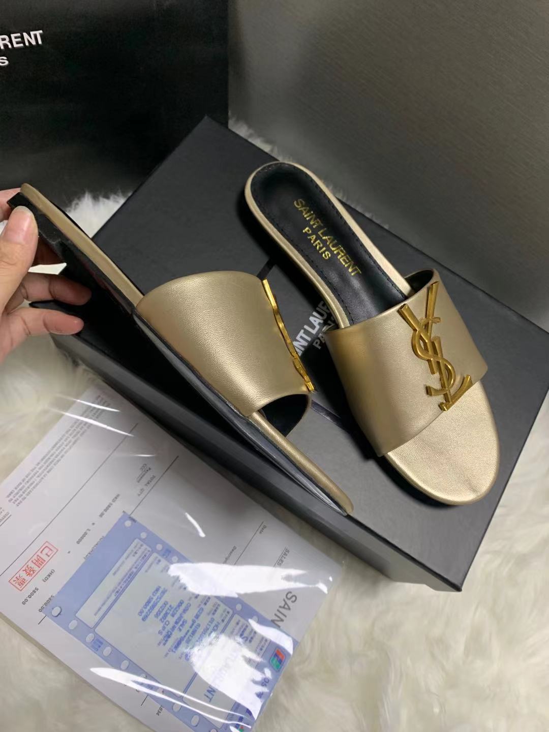 Saint Laurent Logo Slippers Metallic