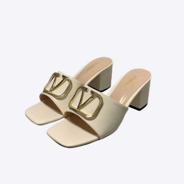 Valentino VLogo Signature Square-Toe Mid-Heel Slide Sandals – White
