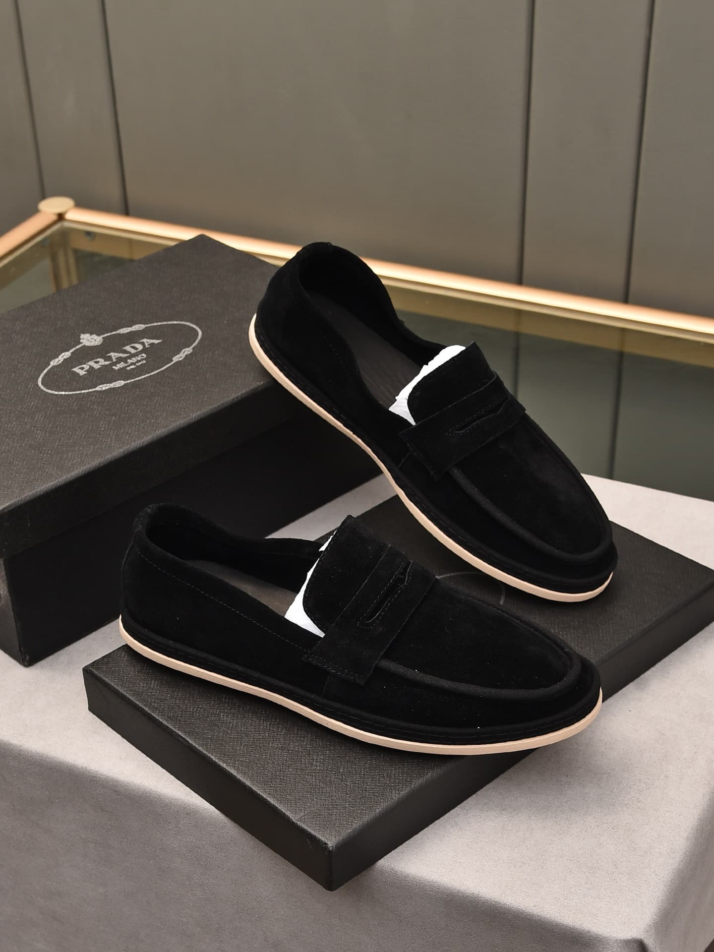 Prada Men’S Flat Loafers Suede Leather Black