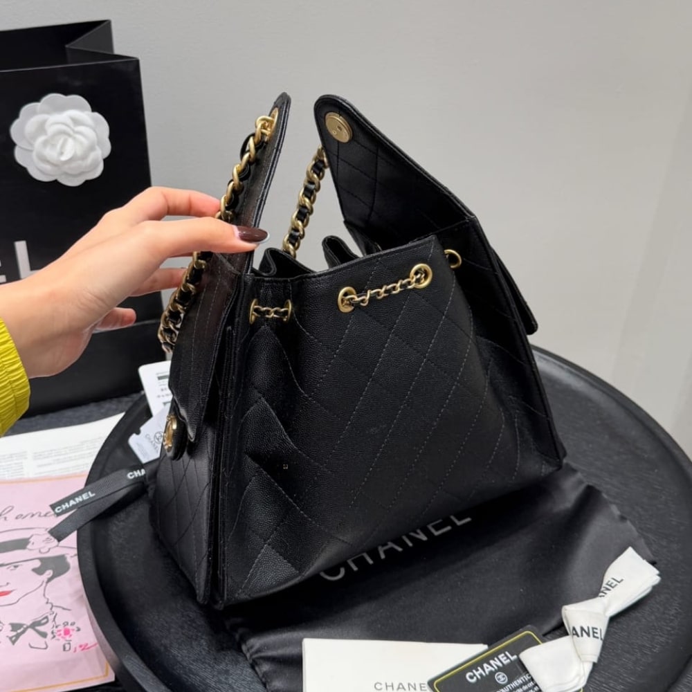 Chanel 25 Small Handbag Grained And Gold Tone Metal Black 26cm AS5293 B20304 94305