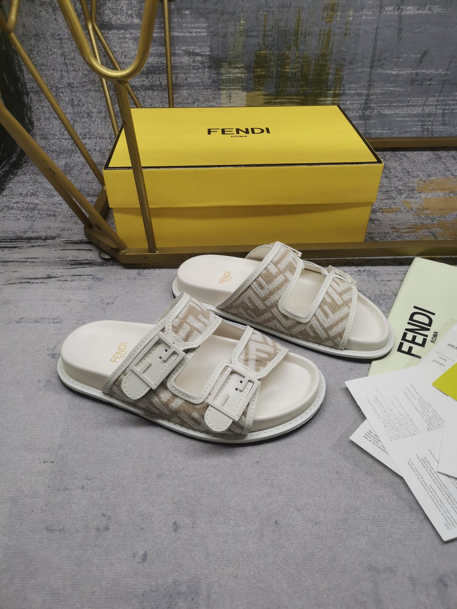 Fendi Feel Dove Grey Ff Chenille Slides White