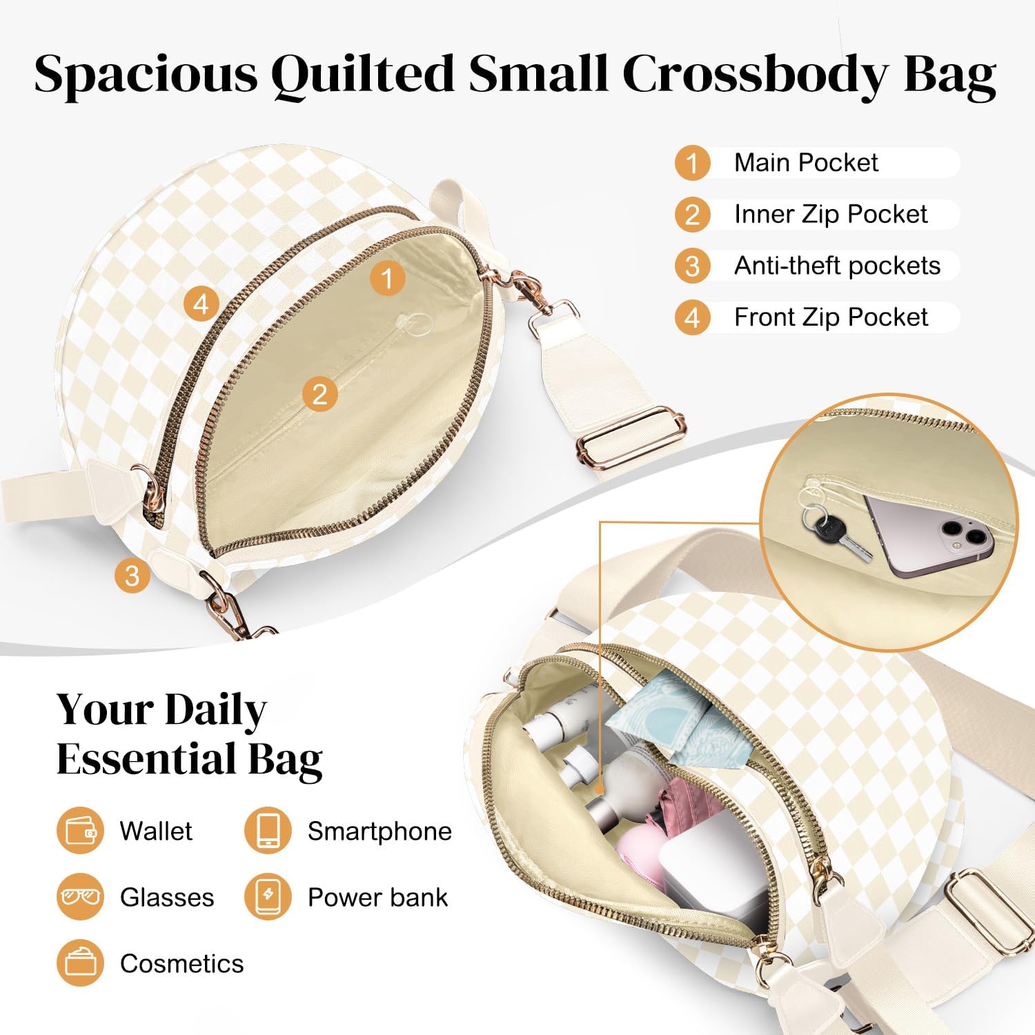 ARCTURA Spacious Nylon Checkered Crossbody Bum Bag for Women