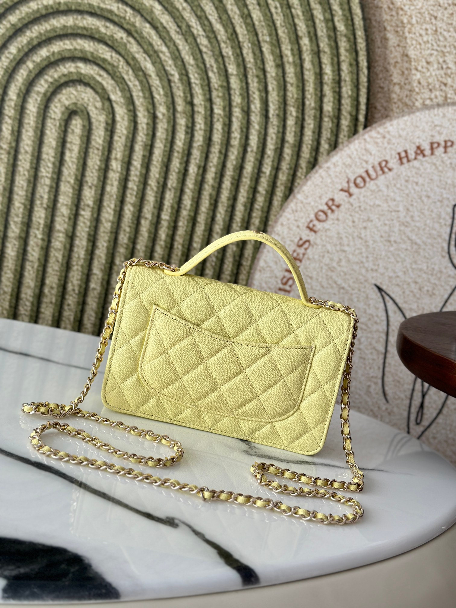 Classic Flap Mini Bag with Top Handle in Lemon Yellow Caviar Leather with Light Gold Hardware (Model AP3341)