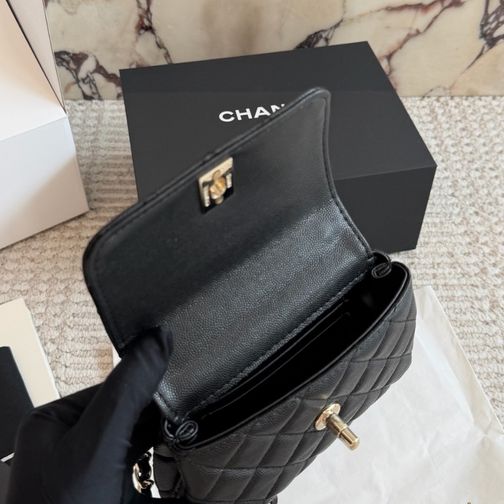 Chanel Mini Flap Bag With Top Handle Shiny And Gold Tone Metal Black 15Cm AS2215 B05061 94305