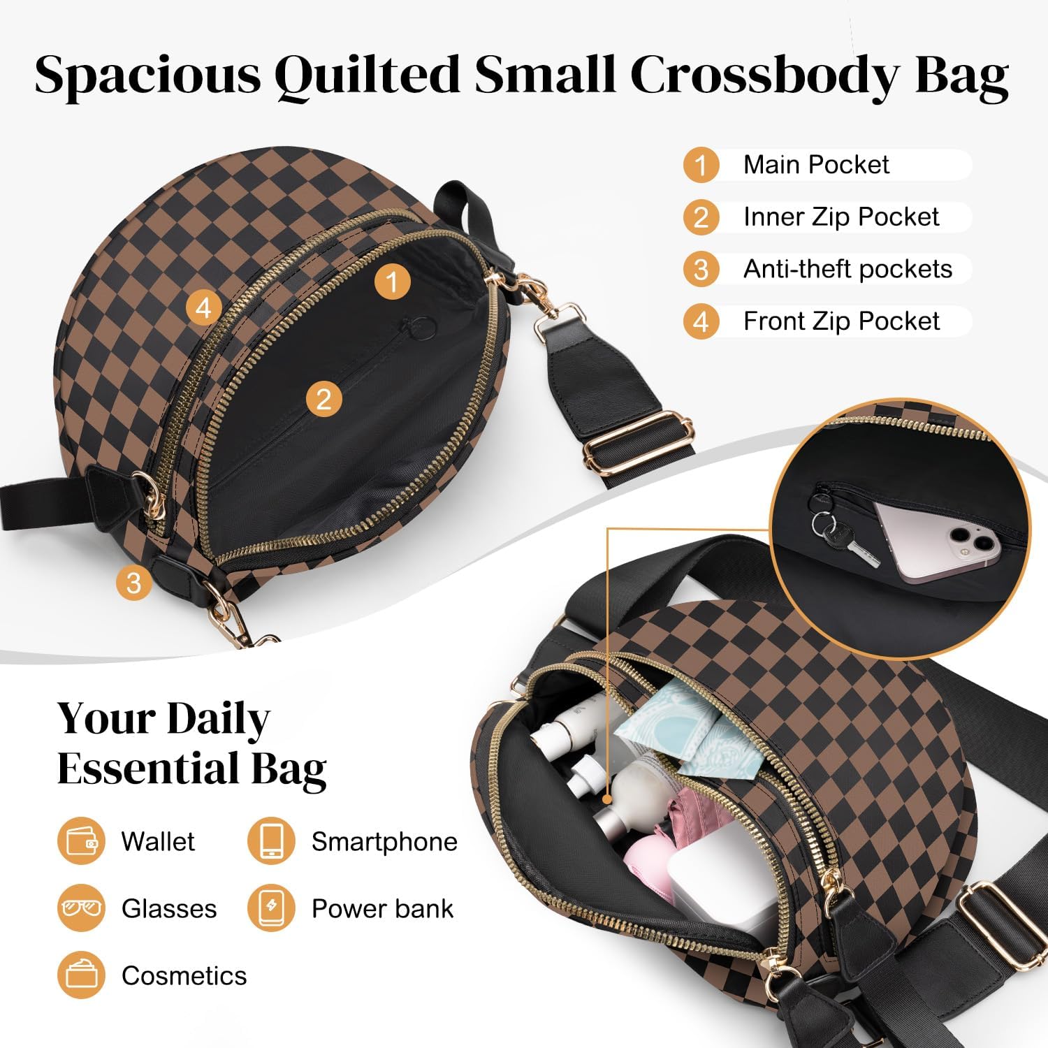ARCTURASpacious Nylon Checkered Crossbody Bum Bag for Women