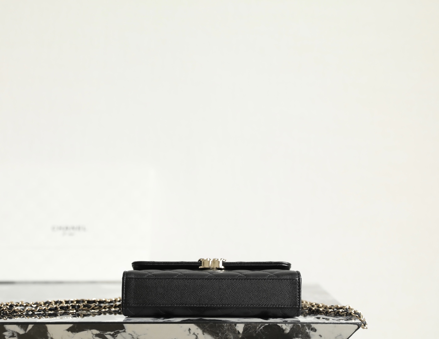 Chanel Caviar Quilted Chain Top Handle Phone Holder With Chain Black 18cm