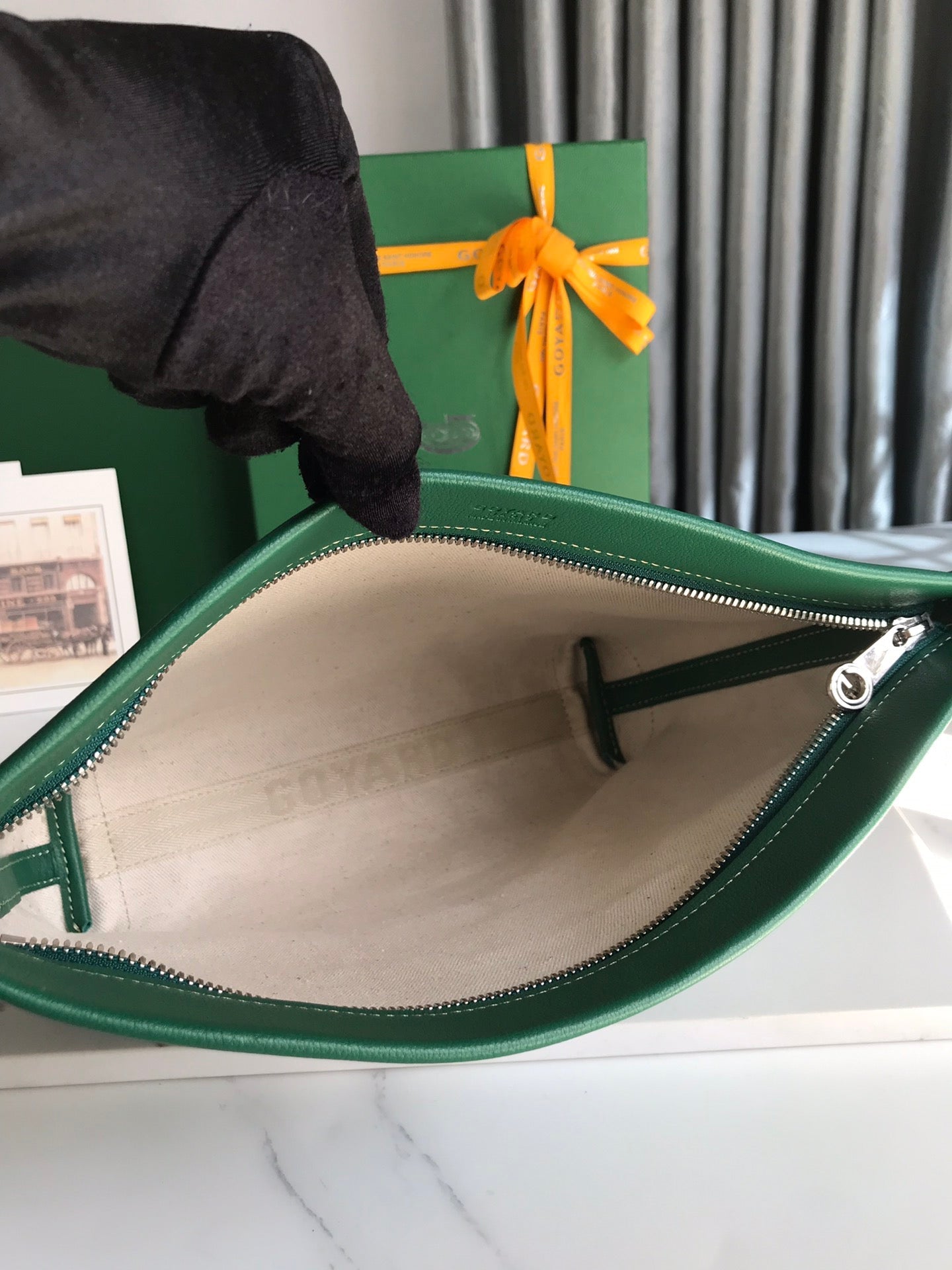 Goyard Conti Pouch 24 Cm Green Lambskin And Goyardine Canvas