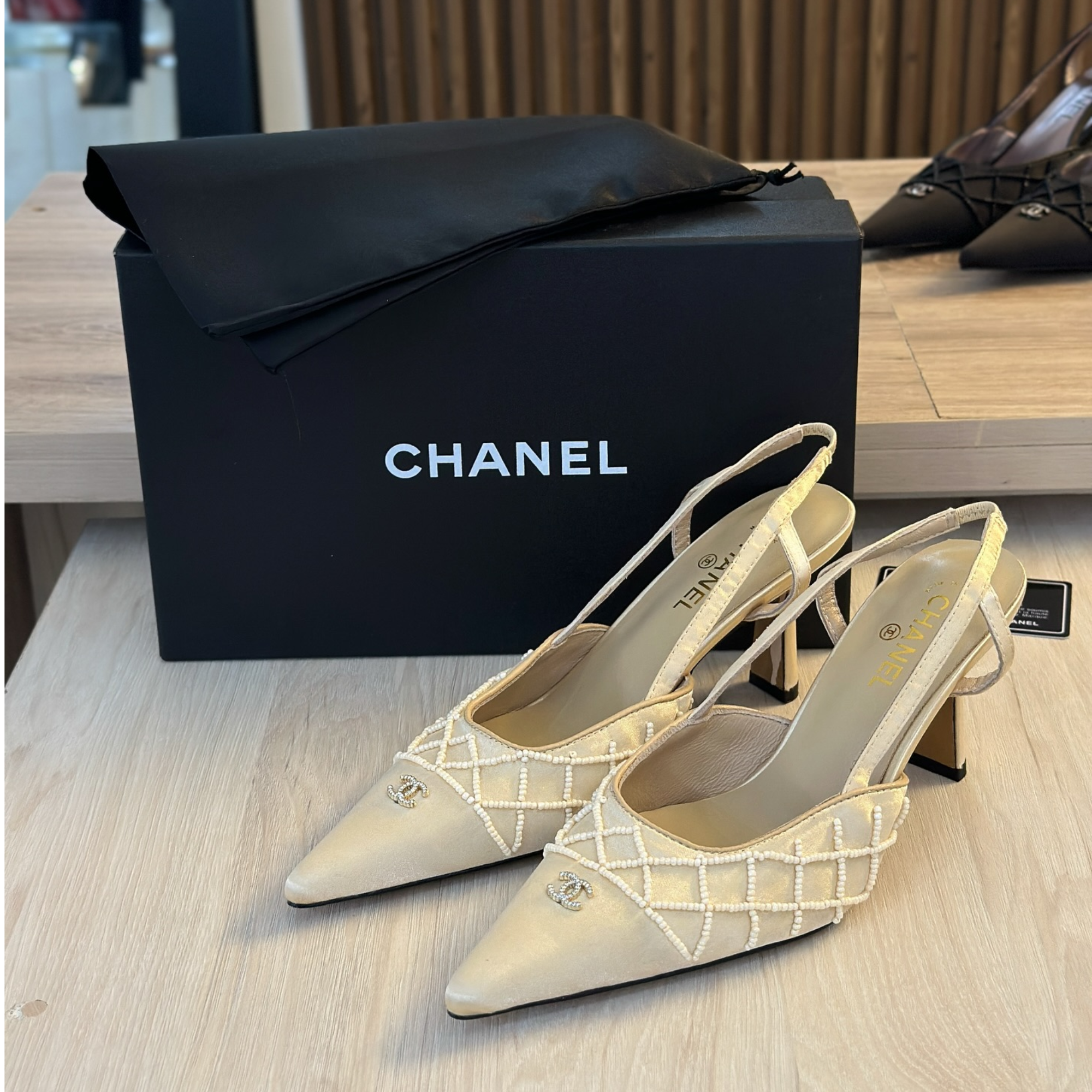 Chanel Pearl Lattice Slingback Heels