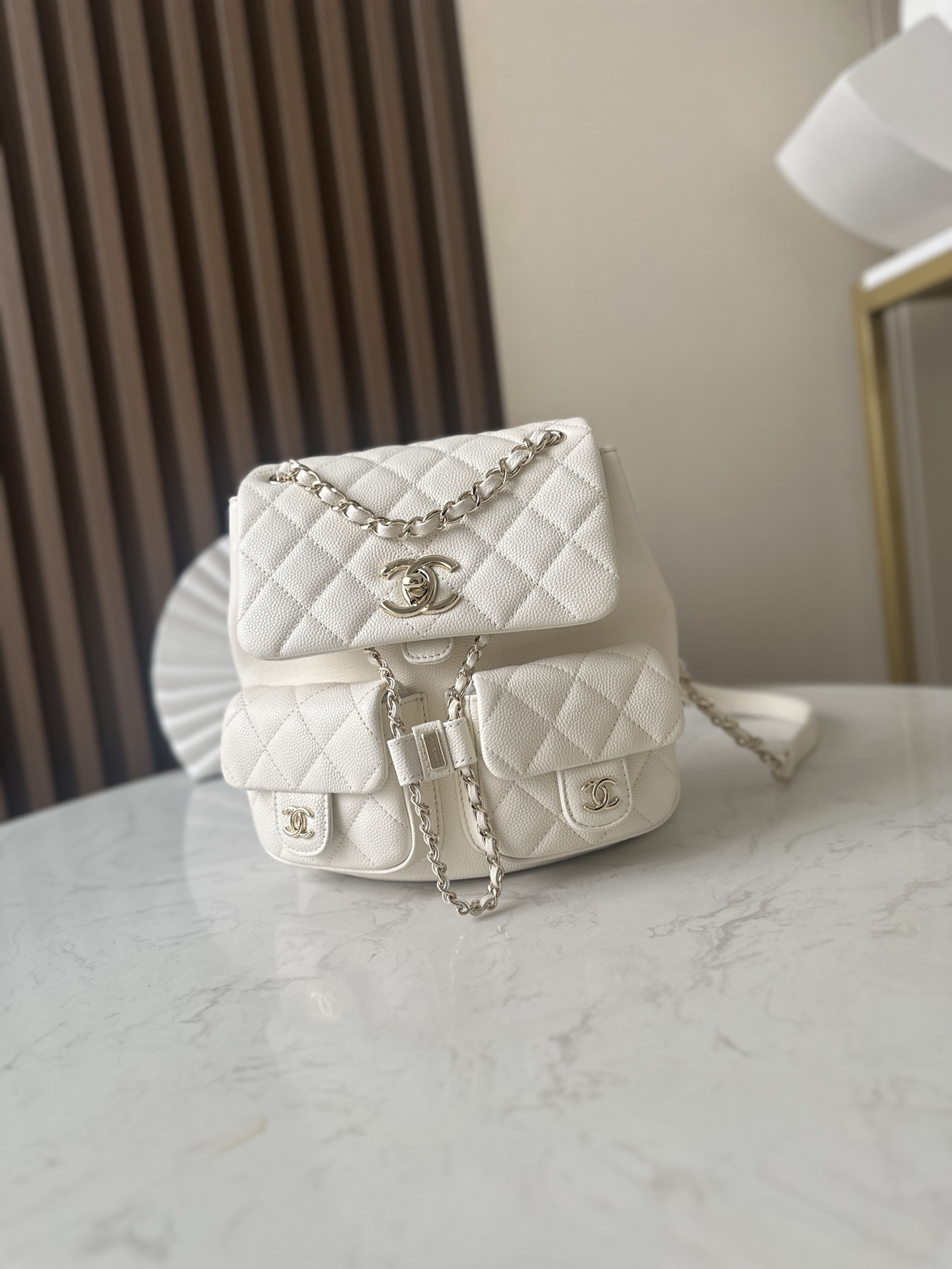 Classic Quilted Caviar Duma Backpack in White (Gold Hardware)