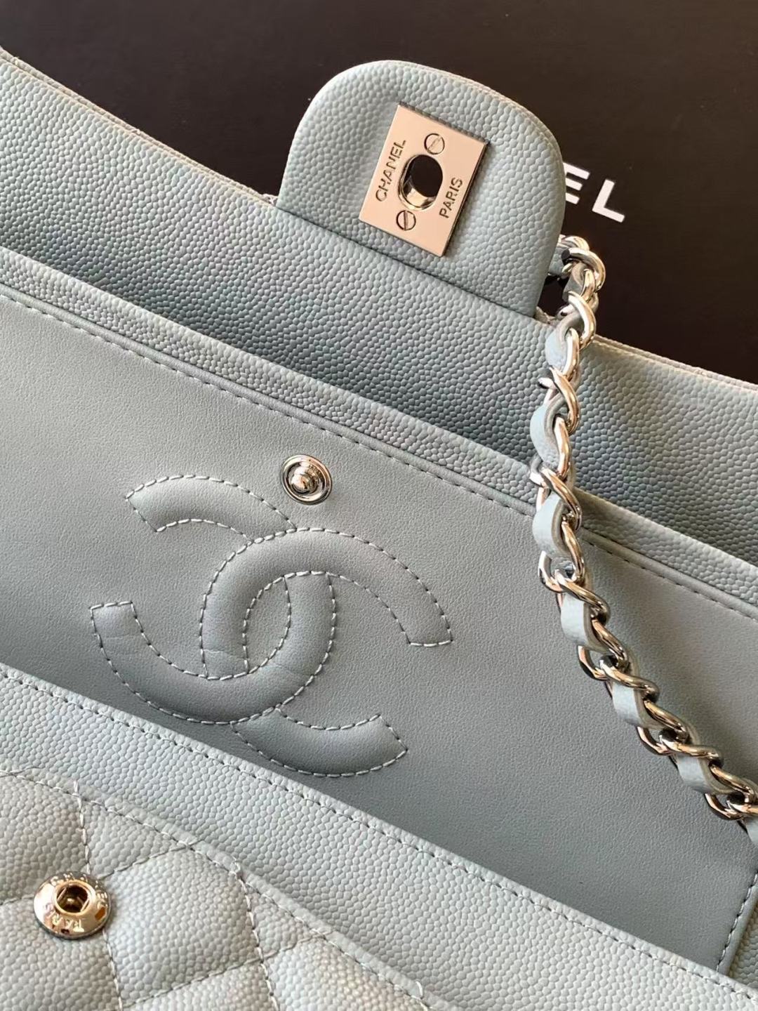 Chanel Classic Flap Bag 25 cm Light Blue Caviar Silver-Tone Hardware A01112