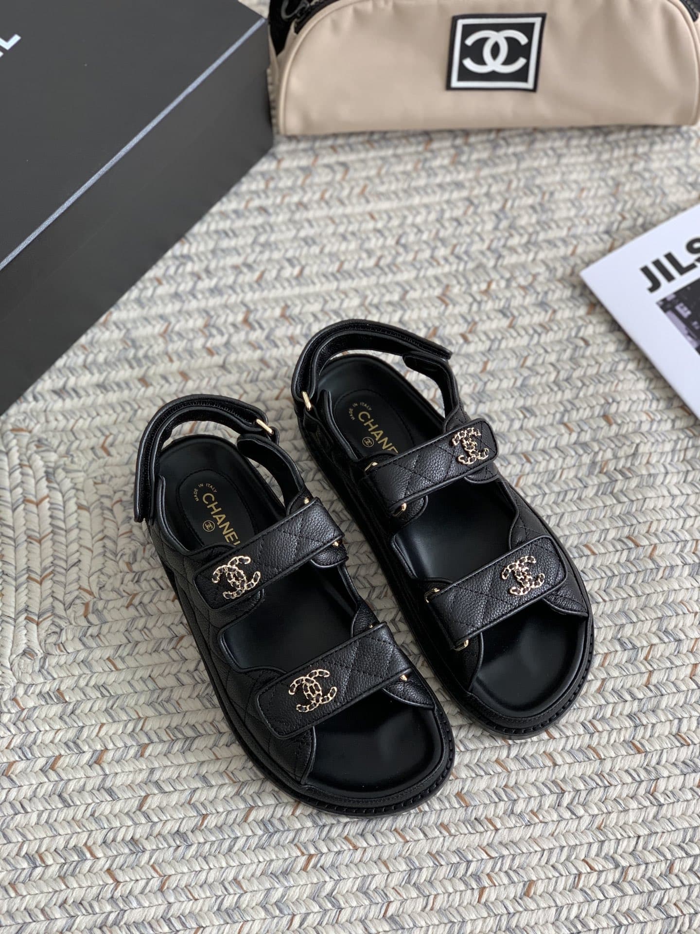 Chanel Cc Button Velcro Black Sandals Grained Calfskin Leather