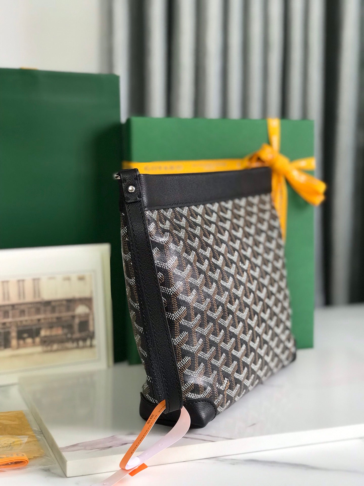 Goyard Conti Pouch 24 Cm Black Lambskin And Goyardine Canvas