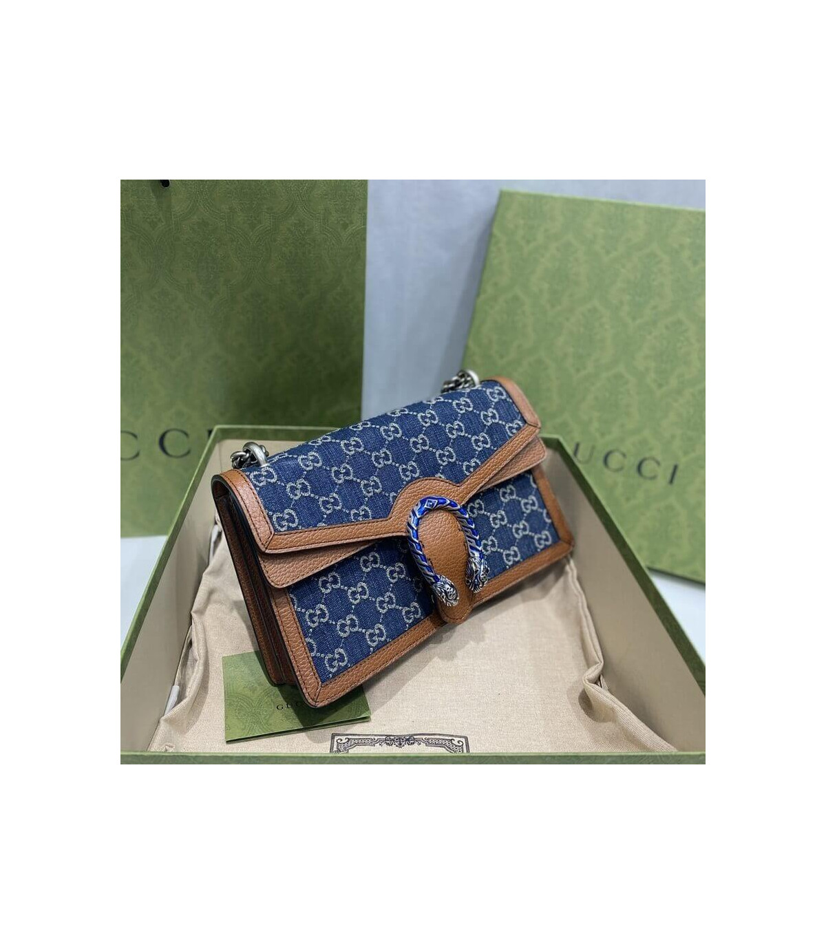 Gucci Small Dionysus Shoulder Bag in Blue Jacquard Denim 28cm
