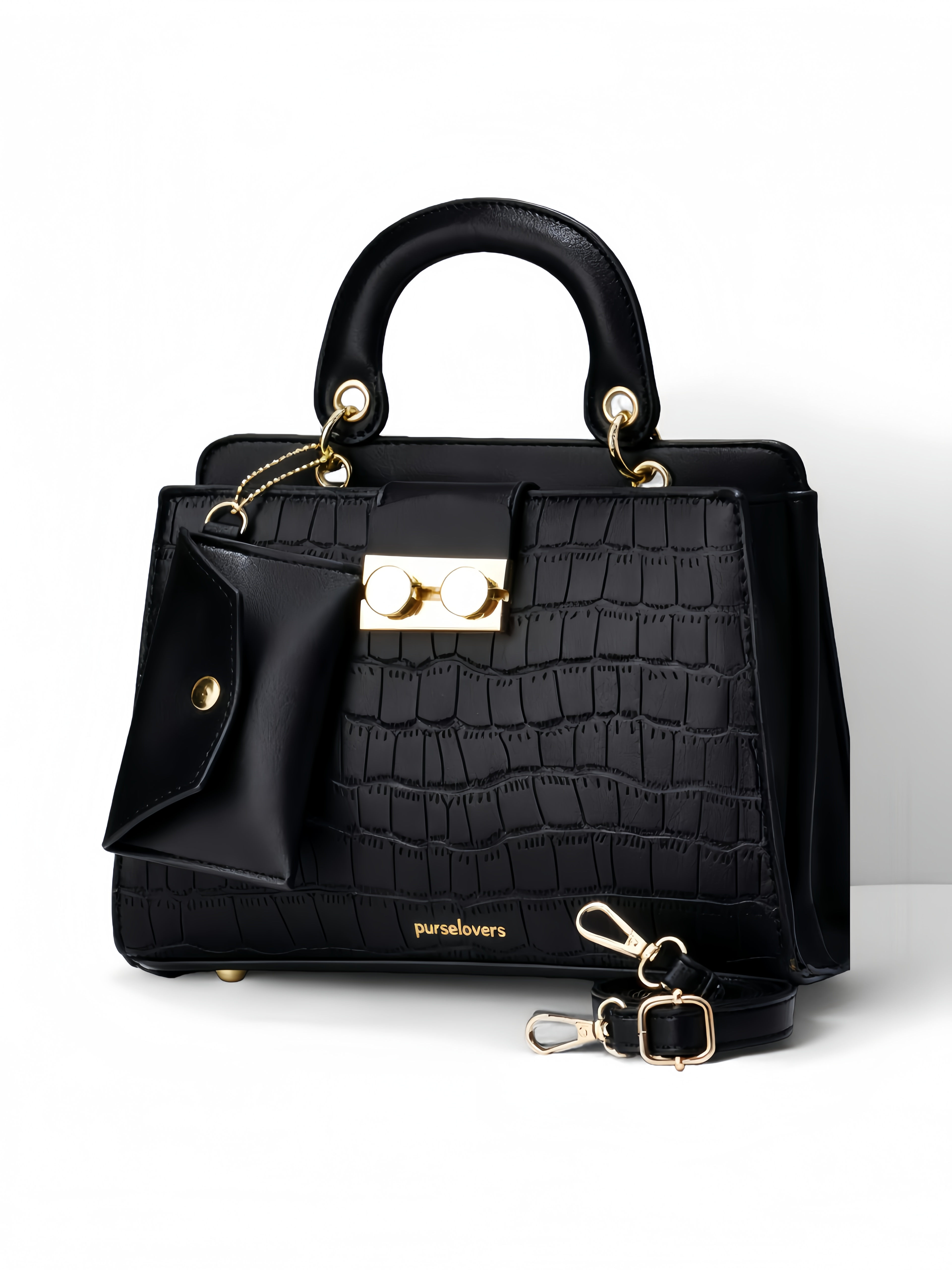 Purselovers Black and Gold Crocodile-Emboss Lock Bag