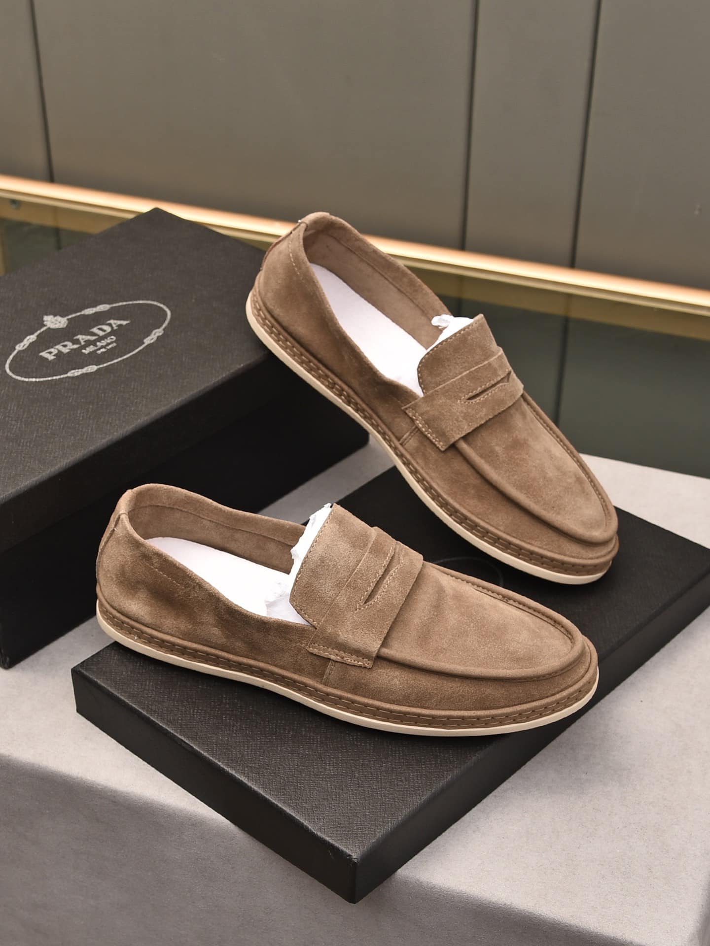 Prada Men’S Flat Loafers Suede Leather Brown