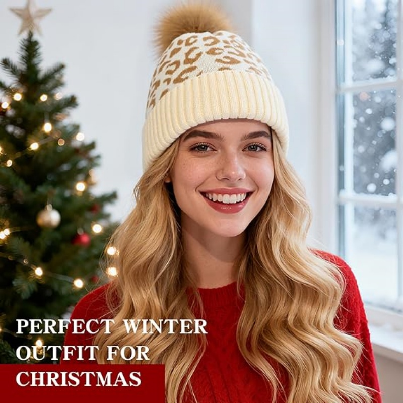 Women Winter Knitted Beanie Hat with Faux Fur Pom
