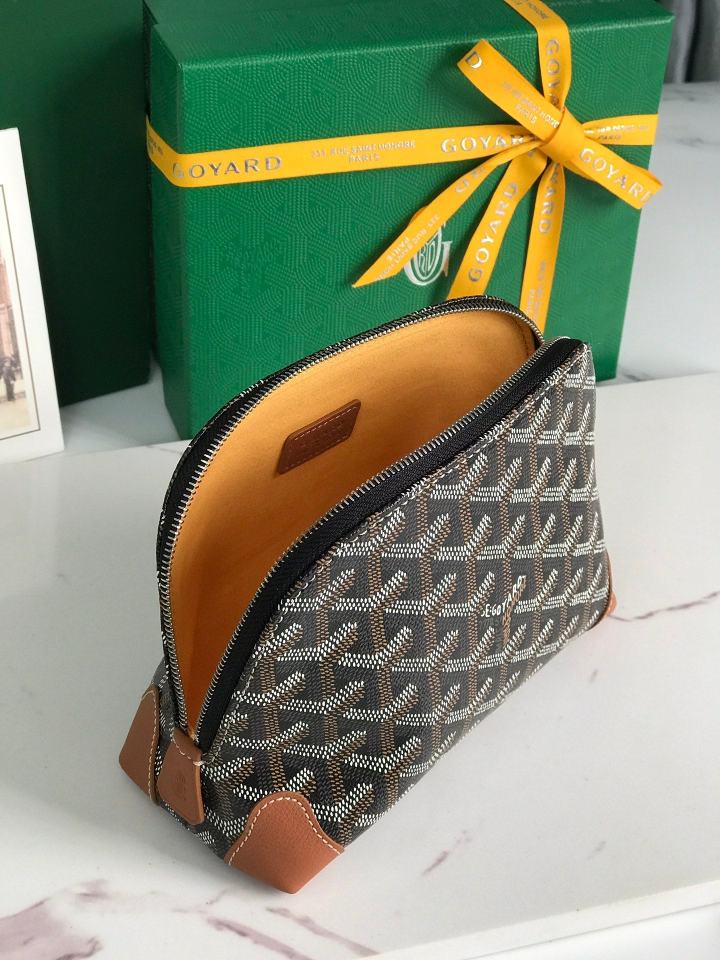 Goyard Vendôme Cosmetic Pouch 17cm Black Goyardine Canvas And Tan Calfskin Trim