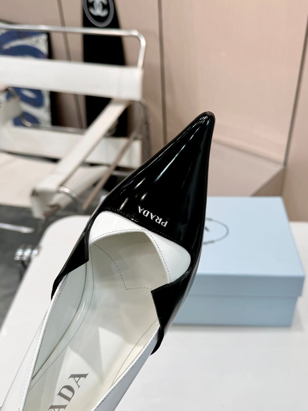 Prada Two Tone Toe Kitten Heels In Black And White