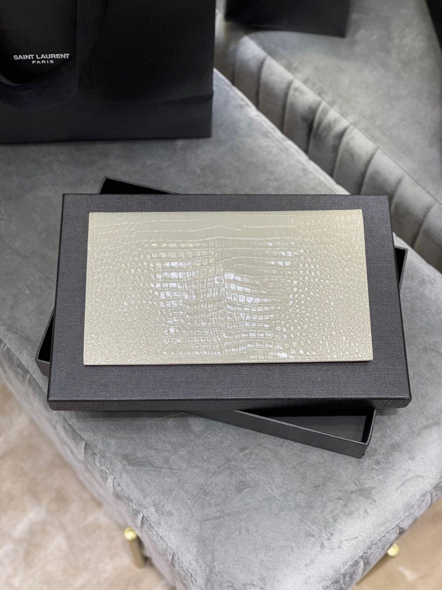 Saint Laurent Uptown Pouch In Crocodile Embossed Shiny Leather