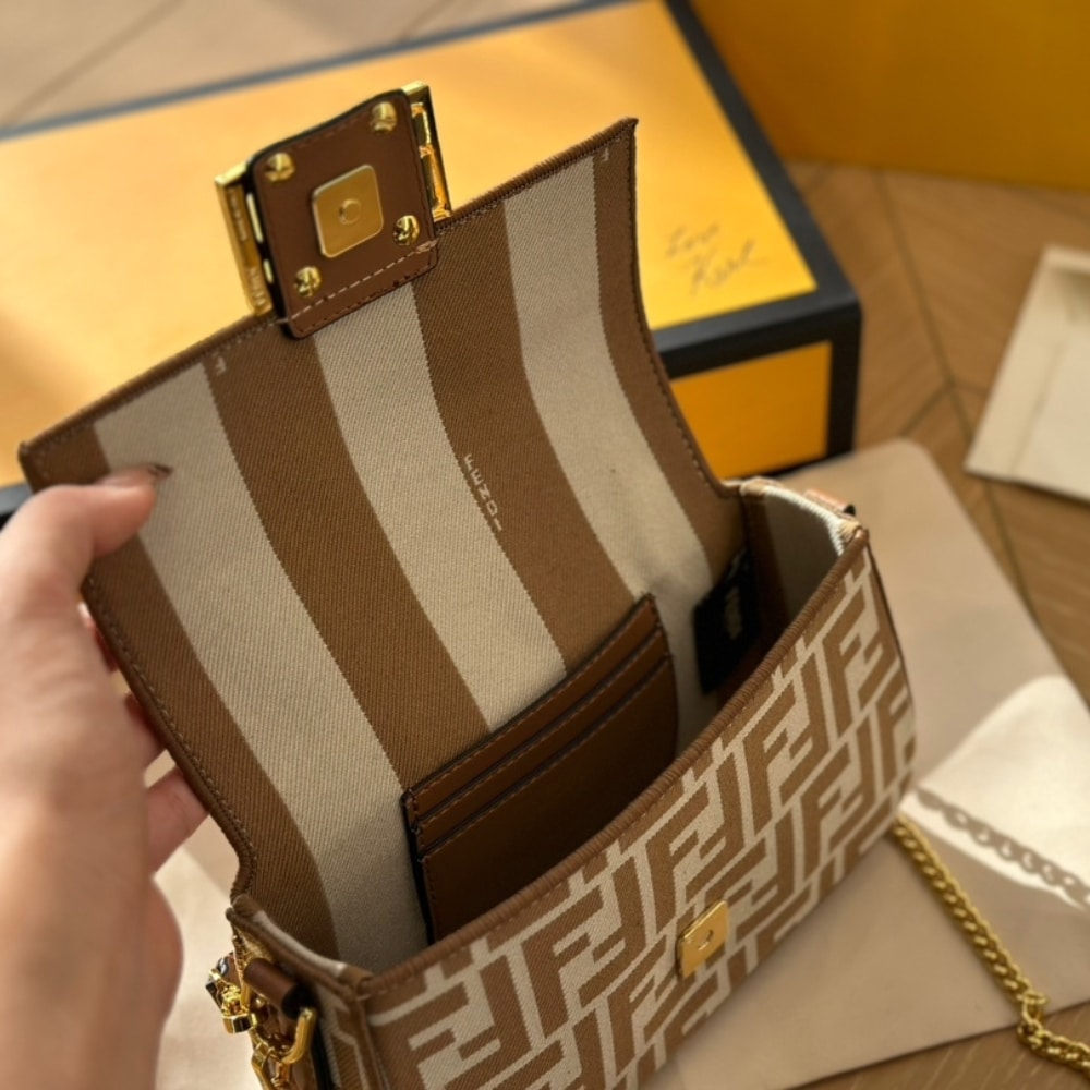 Fendi Baguette Mini Ff Jacquard Fabric Bag Beige 21cm